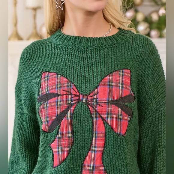Christmas Bow Tartan Plaid Sweater - Picture 1 of 5